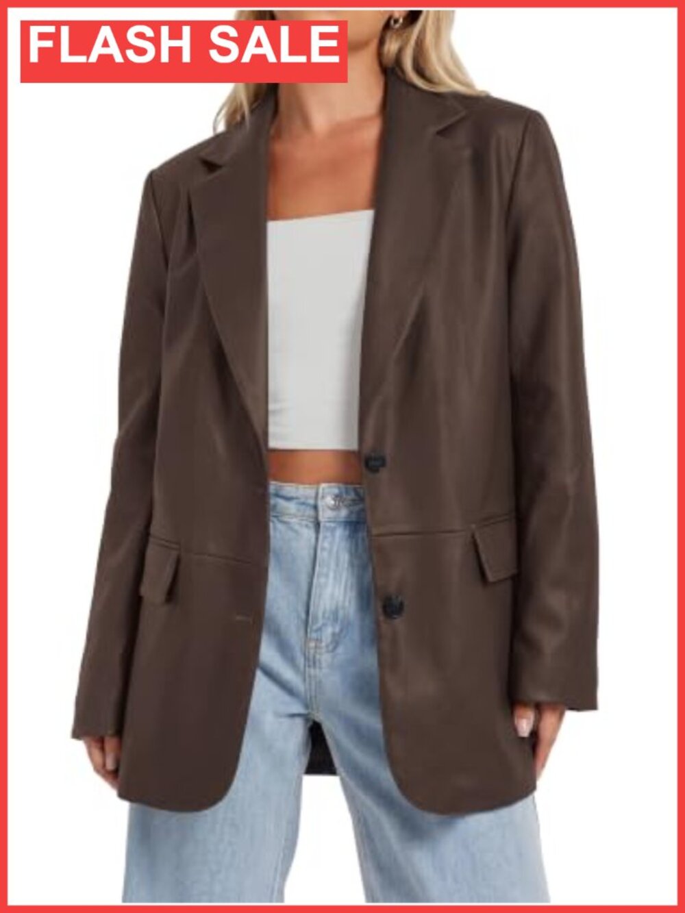 Faux Leather Blazer Jacket Loose Fit Button Flap Pockets Motorcycle